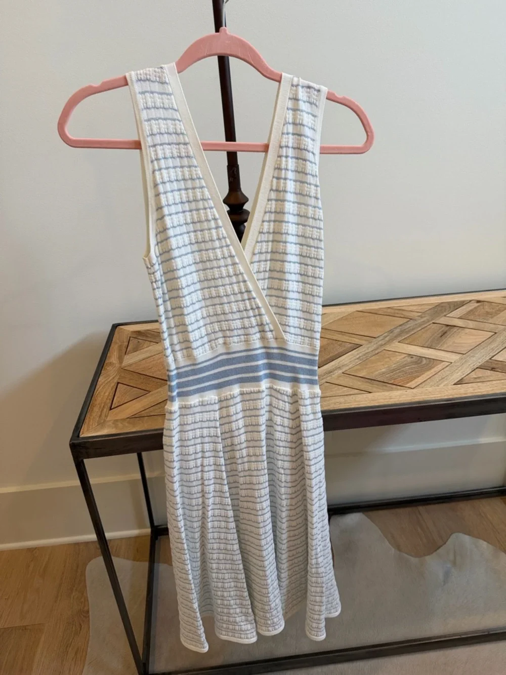 Sleeveless V-Neck Striped Knit Dress in White and Light Blue - Picture 1 of 1